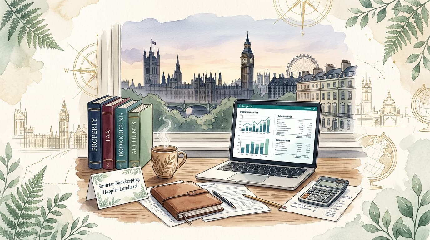 LedgerLet UK Landlord Editorial Artwork — London property, bookkeeping records, Big Ben, and tax guidance