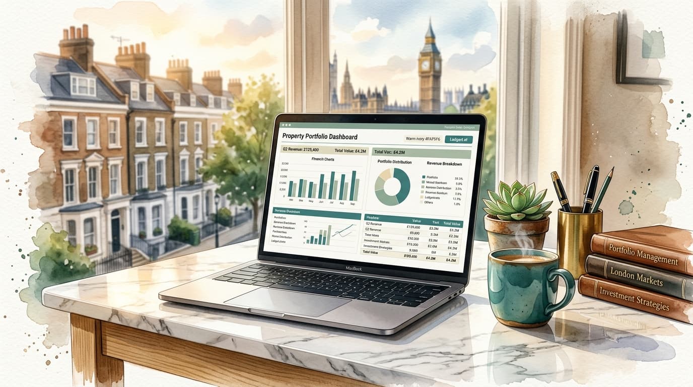 LedgerLet Property Portfolio Overview on laptop with coffee and London townhouses