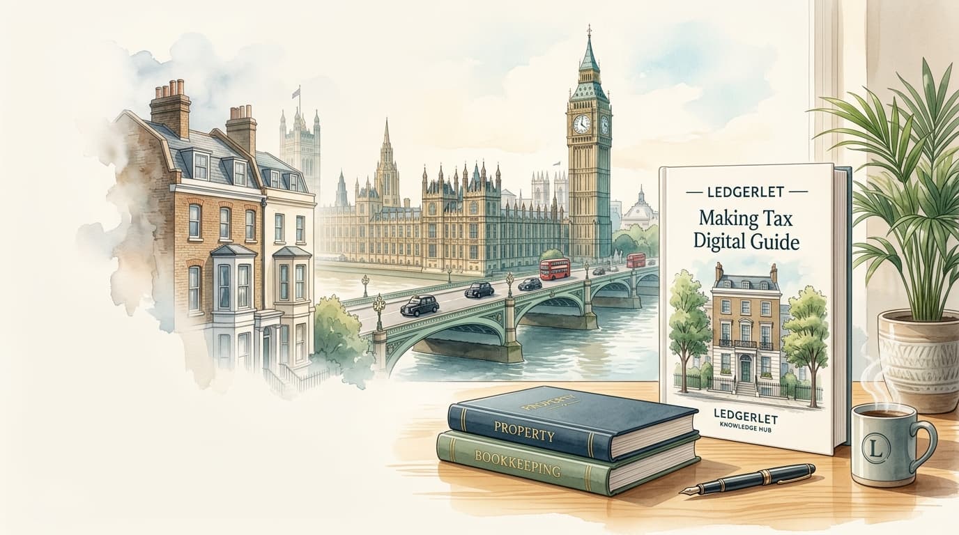 LedgerLet British Editorial Knowledge Hub — Making Tax Digital Guide with London architecture and accounting ledgers